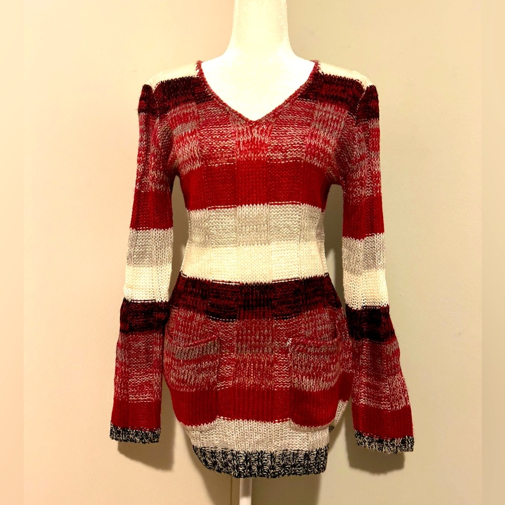 Ultra Flirt Women’s Red/Grey/White  Long Striped Sweater Knit w/pockets,Size XL